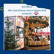 Foto eines Karussells an einem Weihnachtsmarkt. Im Bild sind mehrere Comicfiguren eines Gehirns versteckt.